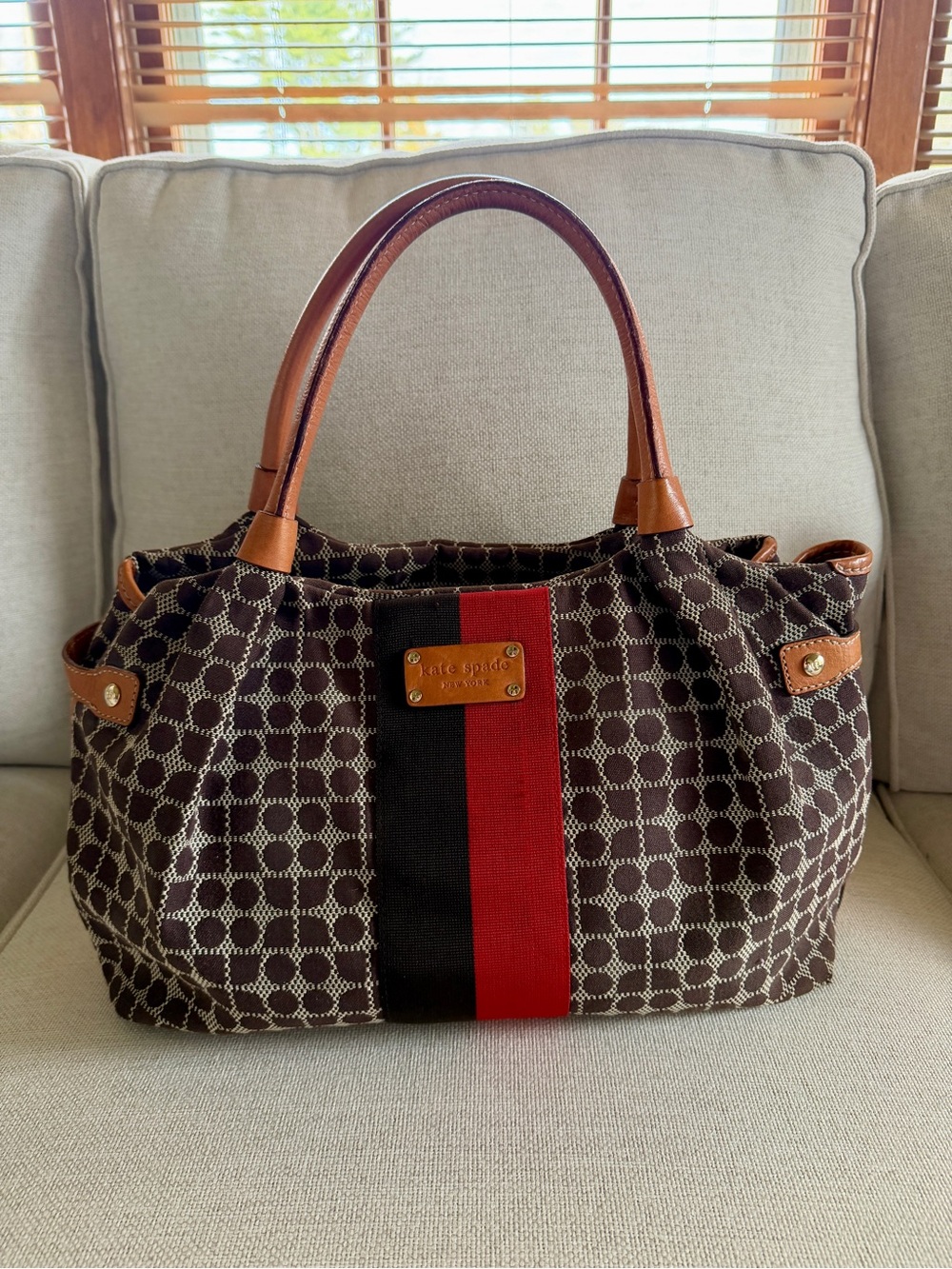 kate spade Brown Patterned Tote with Red & Black Center Stripe